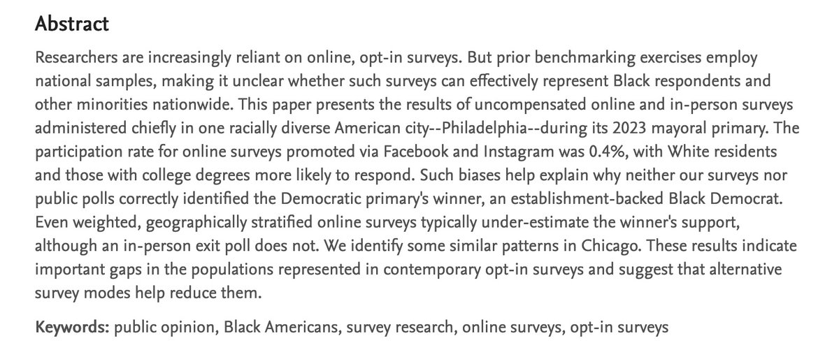 🔽📜🗳️ With lots of attention on Black Americans' survey responses, W. Halm, M. Huerta, J. Torres & I are excited to update our paper, 'Getting the Race Wrong: A Case Study of Sampling Bias and Black Voters in Online, Opt-In Polls.' URL: papers.ssrn.com/sol3/papers.cf…