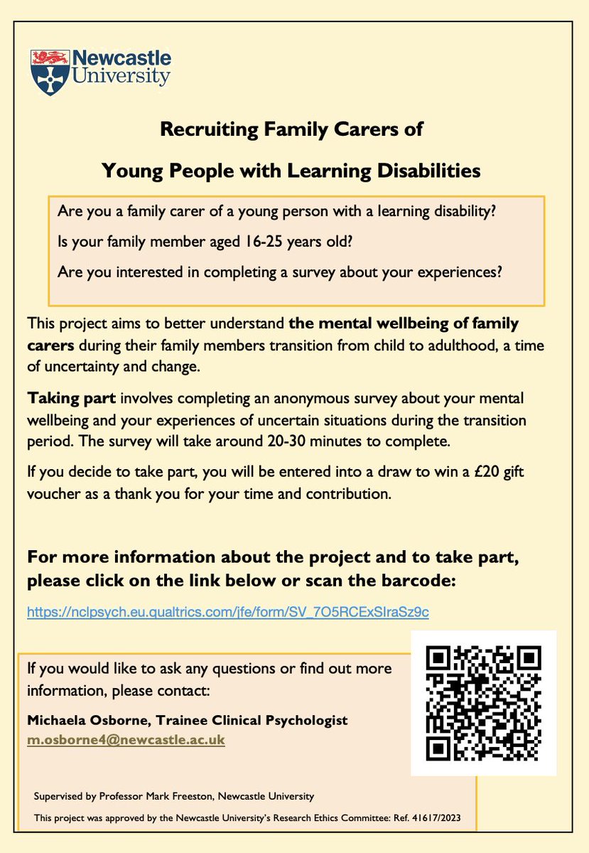 Looking for family carers of young people (ages 16-25) with learning disabilities to complete a survey about experiences of uncertainty &amp; carer wellbeing. Important research as more support is needed for family carers!! Pls Share! Thank you! Survey link: nclpsych.eu.qualtrics.com/jfe/form/SV_7O…