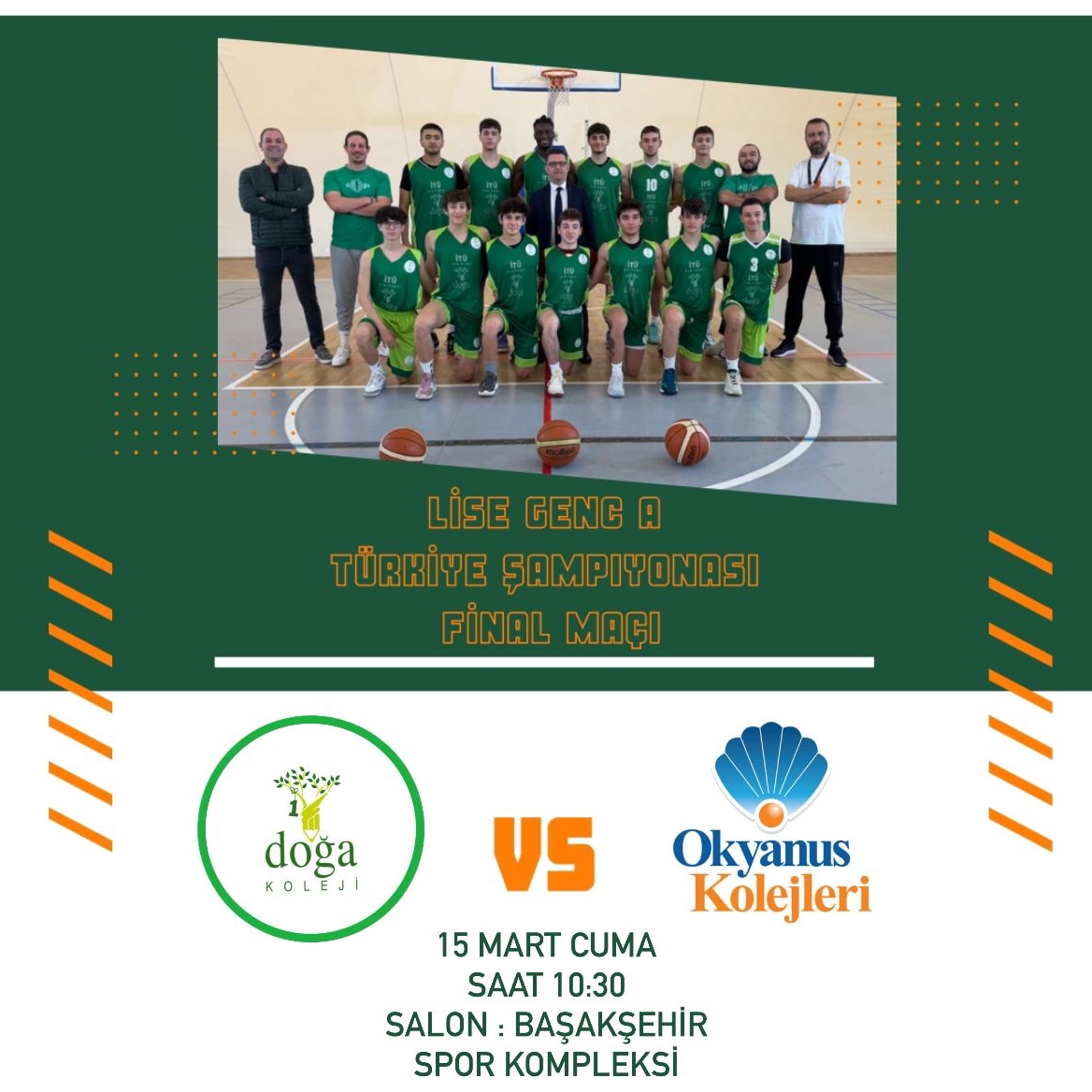 Lise Genç A Erkek Basketbol Takımımız Türkiye Finalini İstanbul Şampiyonu Okyanus Koleji ile oynayacak.Oynanacak maç 10:30da TRTSporYıldız kanalından naklen yayınlanacak.Şampiyon olan takım Çin'de Liselerarasi Dünya Şampiyonası'nda oynayacak <a href="/basaraksoy/">Başar Aksoy</a> <a href="/KvancBarlas/">Kıvanç Barlas 🇹🇷</a> <a href="/DogaOkullari/">Doğa Koleji</a>