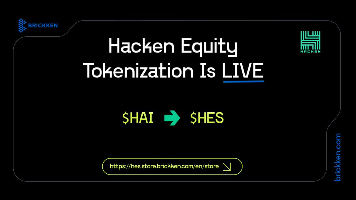 🧱 Hacken Equity Tokenization is LIVE 🧱

The much-anticipated tokenization of <a href="/hackenclub/">Hacken🇺🇦</a>  is Officially Live since Yesterday.

The full process is created through Brickken, from:
 🔹#Equity Token Creation ($HES)
 🔹Whitelabel Token Store Creation
 🔹Offering Creation
🔹Unique