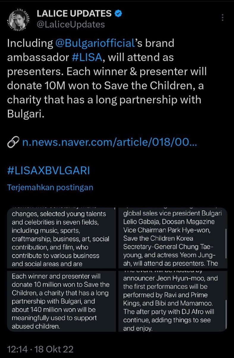 starfess's tweet photo. -star sender baru tahu ternyata lisa dan bulgari melakukan donasi ke save the children tahun 2022. Sampai sekarang pun Bulgari sudah 15 thn bekerja sama dgn save the children. Sender jg lihat felix pakai kalung campaign bulgari×savethechildren. Ternyata ga semua brand lvmh pro z https://t.co/rxpaAHjHdD
