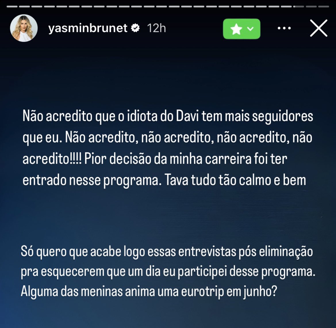 então era verdade que a yasmin brunet se queimou até na própria rodinha dela e tão expondo? KKKKKKKKKKK VSFFF