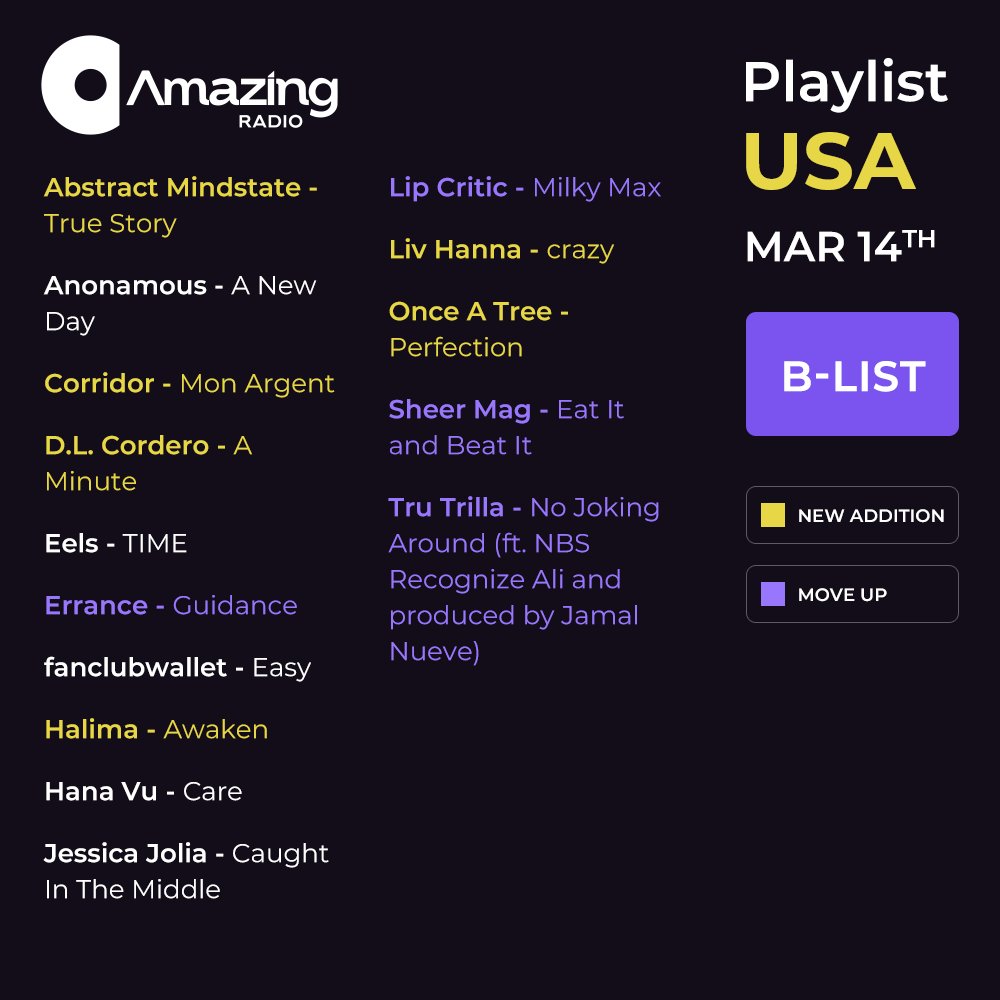 AmazingRadioUSA's tweet photo. It's playlist update time!
@livhannaaa @maganarama @onceatreemusic
#DLCordero #AbstractMindstate #ChalkTalk #ClydetheBand @corridormtl #Dehd @dragoforen #EARTHBALL #Halima @livhannahf #Magana @nightshiftss @RoeKapara #SamiRose + @thunderjackson https://t.co/ieeGhm5Lhx https://t.co/8m33Hy1KNF
