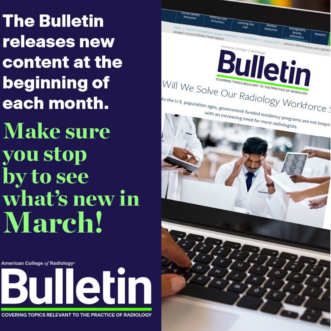 Check out this month's topics, from award recipients to data registries to the radiologist shortage at bit.ly/ACRMarch24. For additional content, check out the #ACRBulletin home page at acr.org/Practice-Manag…. @koolkpmd @amykpatel @ImageScribbler