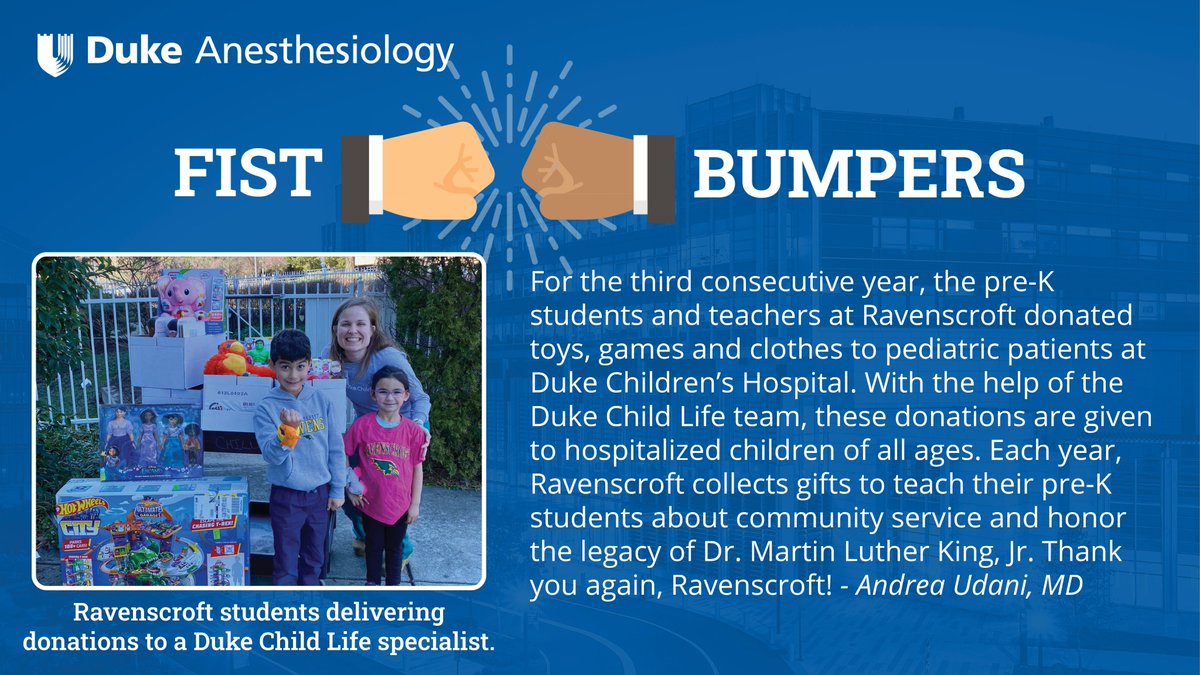 🤜🤛A #DukeAnesFistBump from our Dr. Andrea Udani to Ravenscroft pre-K students and teachers.
🔗VIEW the fist bumpers & SUBMIT a Duke Anesthesiology fist bump: anesthesiology.duke.edu/fist-bump. #ThankYouDukeHealth