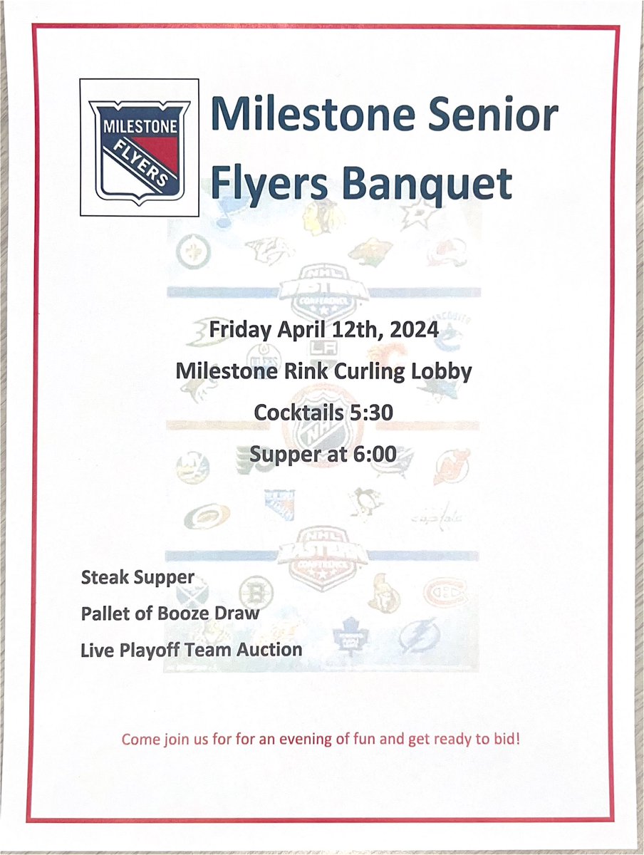 SrFlyers's tweet image. One more thing. We are having our live NHL playoff auction on Friday April 12th. It will be a Corona party. Come out for a delicious steak supper!! Details below #Flynation