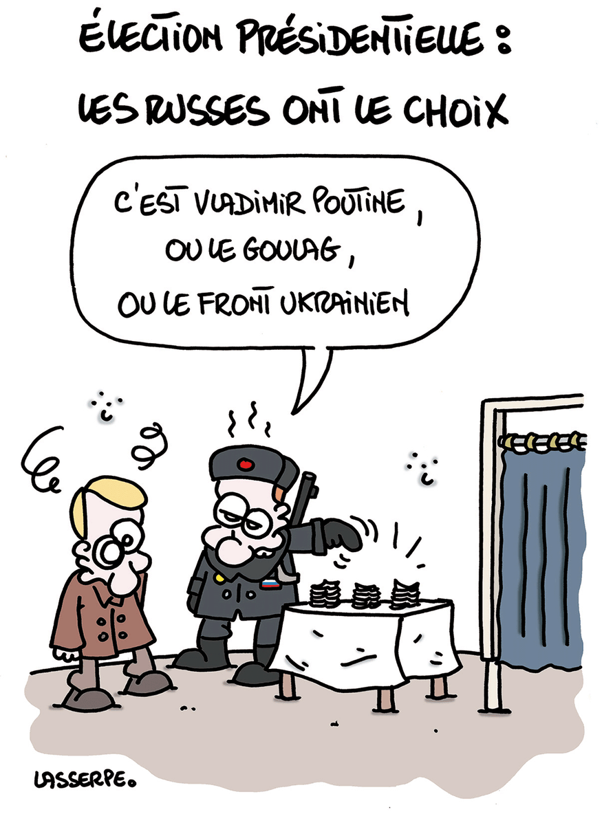 CartooningPeace's tweet photo. [EDITO]

"#Russie : simulacre d’élection pour un 4e mandat de #Poutine"

Notre édito hebdo est en ligne sur notre site : https://t.co/n1Ms6eNmyz

✏ #Dubovsky (Ukraine), #Lasserpe (France), @dilemofficiel (Algérie) https://t.co/d83mtaICqf