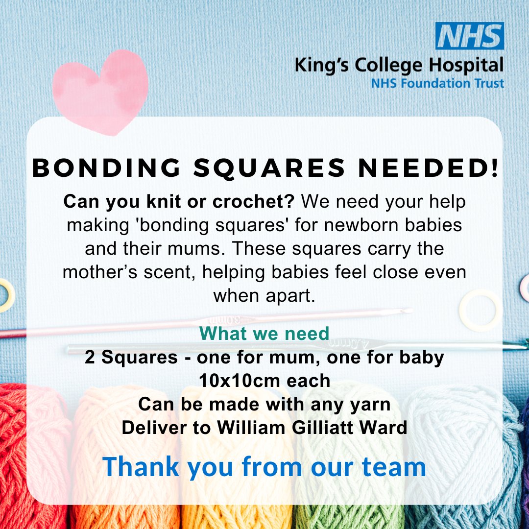 Calling all knitters with big hearts ❤️ Our infant feeding team at our Denmark Hill site need bonding squares for mums & babies, especially those in neonatal care. Can you help? Two 10x10cm squares, any yarn. Thank you!❤️ #bondingsquares #motherbaby #neonatalcare #infantfeeding