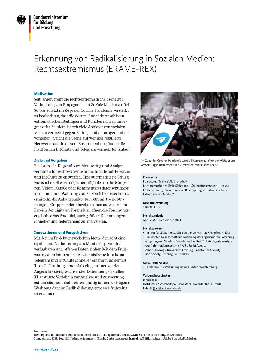 ISPK_org's tweet photo. @ISPK_org @Fraunhofer @Vic_DCA haben auf der #motraK24 Konferenz die Software ERAME &amp; ERAME-REX vorgestellt, die mittels #MachineLearning #NLProc #gpt4 islamistische- und rechtsextremistische Textinhalte auf @YouTube &amp; @telegram analysieren. Mehr Infos dazu auf den Bildern! https://t.co/Wmca8zaJj9