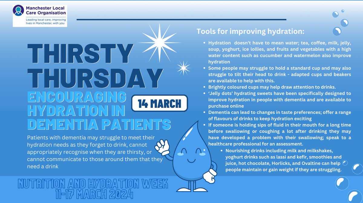 Check out this brilliant infographic, packed with Top Tips for encouraging hydration in Dementia patients from Lauren one of our community dietitians. #NHWeek <a href="/mcrlco/">Manchester Local Care Organisation</a> <a href="/LCO_AHPs/">LCO AHPs</a> <a href="/NHweek/">N&H Week</a> <a href="/TraffordLCO/">Trafford Local Care Organisation</a> #hydration #bda_dietitians #dementia