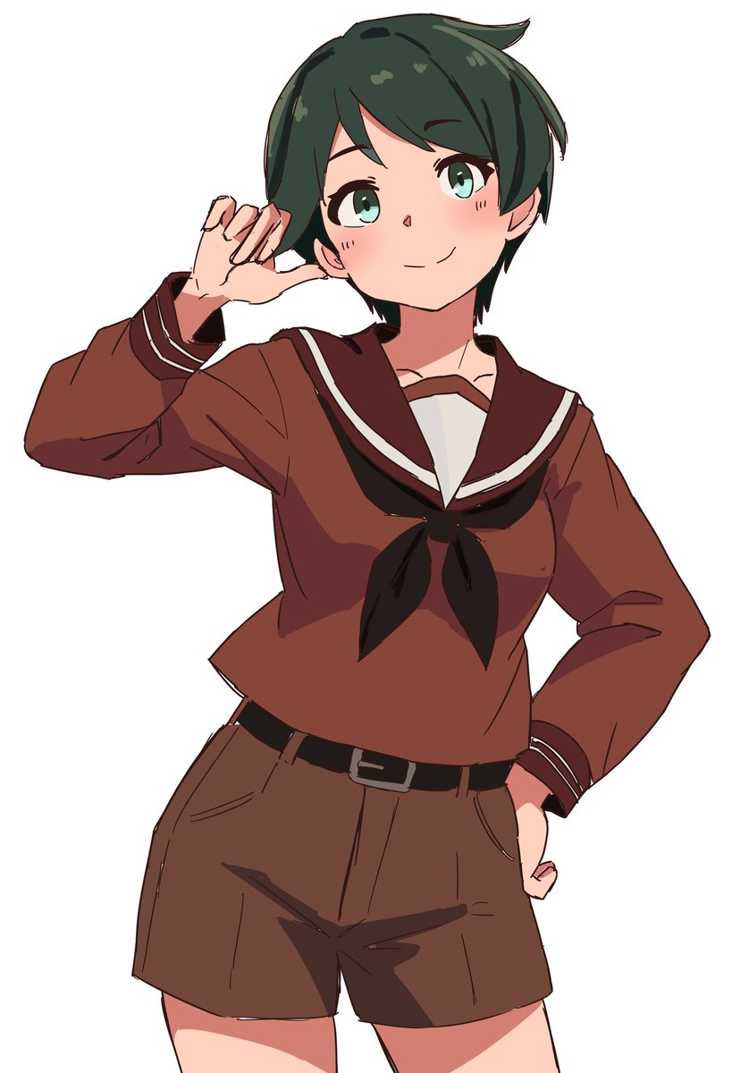 mogami (kancolle) 1girl solo looking at viewer smile short hair simple background shirt  illustration images