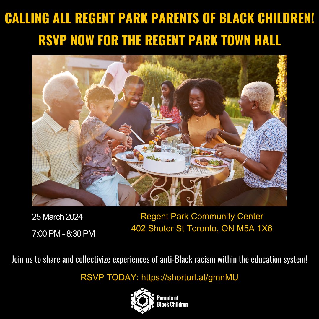 Calling all Regent Park parents of Black children! If you have a Black youth or child within the education system and you have experiences to share, come out and meet our systems navigators! RSVP HERE: eventbrite.com/e/810498180877…