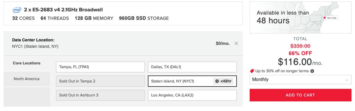 HIVELOCITY's tweet image. 2x #IntelXeon E5-2683v4 2.1GHZ + 128GB RAM + 
960GB SSD + 100 TB bandwidth - from $116/month. Deploy in Tampa, Dallas, LA, and now in NYC! Customize and Order Now: hivelocityinc.net/3PmZ7kv

#BareMetal #CustomizeNow