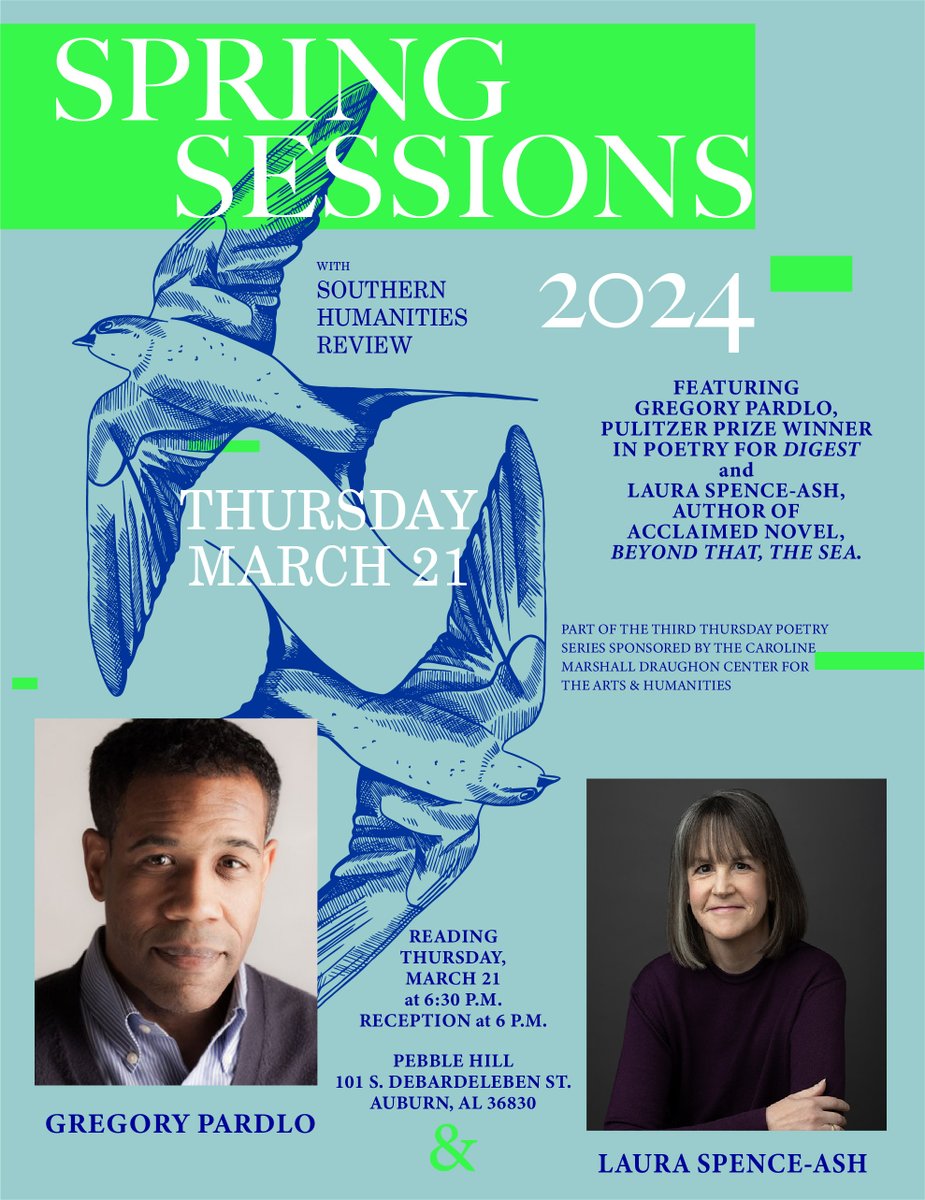 Join us this Thursday, March 21 at 6:30 p.m. for our annual Spring Sessions event at Pebble Hill in Auburn, featuring Gregory Pardlo & Laura Spence-Ash! Doors open at 6 for a light reception. #litmag #writingcommunity #poetry #fiction #AuburnAlabama #poetryreading