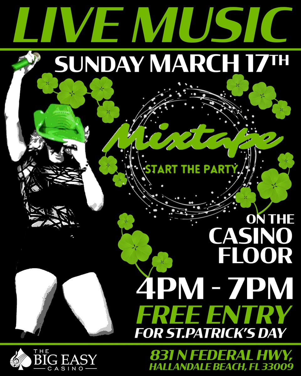 Join us on March 17th from 4:00 PM to 7:00 PM for Mixtape, an exclusive live music event where the casino floor will transform into a fun and upbeat St. Patrick's Day Party. 

#bigeasycasino #stpatricksdayparty