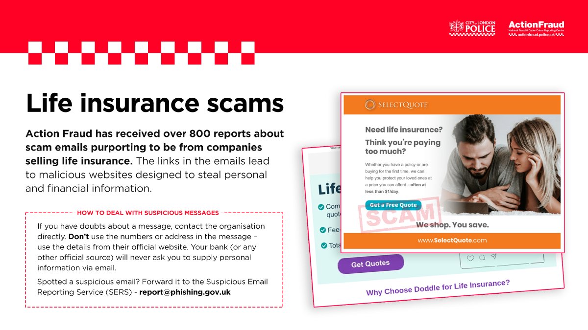 🚨 Watch out for these FAKE emails claiming to sell #LifeInsurance.🚨 ⚠️ We have received over 800 reports of these scam emails, designed to steal your personal information. 📧Received a suspicious email? Report it by forwarding the email to: report@phishing.gov.uk