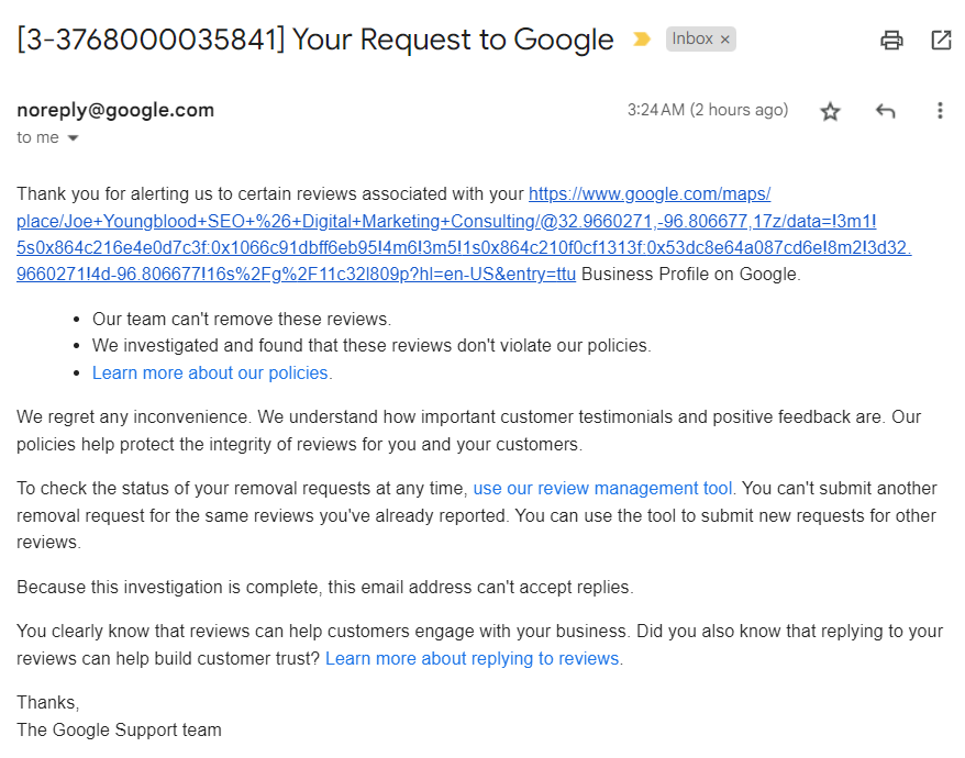 YoungbloodJoe's tweet photo. Beyond DISGUSTED with @GoogleMyBiz for deciding to leave a clearly fake review on our business profile that: 

- Is from a person who claims to be a competitor.
- Is from a person in India, a nation we do not do business in. 
- From a person who we provided evidence claimed on Reddit they did this on PURPOSE and sent numerous threats for more fake negative reviews to come. 
- Filled with aggressive and disgusting language.
- Made by a person who left another fake review THEY DECIDED TO REMOVE. 
- From a user who edited their review after we responded claiming they are not a client to make it sound even worse.

Not only that, they REFUSE to tell you why they decided this horrific and vile attack was allowed AND they REFUSE to allow you to provide any follow up attempts to get such clearly fake content taken down. 

We can all also agree that this being done at approximately 3:24AM Central USA time means the person who was allowed to ultimately make this decision LIVES somewhere not in the USA and given Google's GBP operations are known to utilize India-based call centers is most likely a person WHO LIVES IN THE SAME COUNTRY AS THE PERSON MAKING THE FALSE CLAIMS AND PURPOSELY ATTACKING OUR BUSINESS. 

UTTERLY and COMPLETELY DISGUSTING BEHAVIOR by Google. 

In our escalation request we included multiple screenshots from the user showing they admitted to this review being fake and threating to send more fake reviews in a Zip file. Those are attached in the thread below (they only allow adding 1 file and never explain if a Zip file is acceptable).

How is this acceptable @dannysullivan @searchliaison @JohnMu @Google_Comms?  

How can you allow someone quite literally on the other side of the world to attack our business? 

What does this mean for other fake reviews being left on Google Maps?

Is this the type of "Helpful" content we can expect from Google? 

From what I understand my only options left are to: 
-> File a lawsuit against Google 
-> Give in to the scammers demands in hopes they delete the review