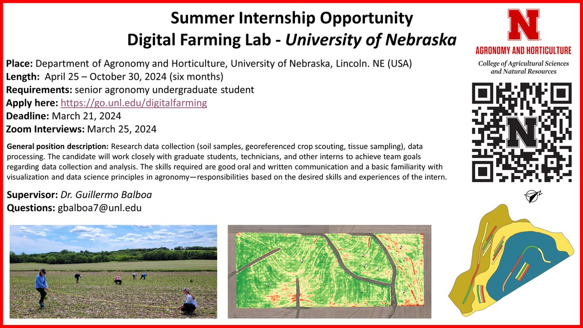 Last days to apply for the Digital Farming Lab Summer Internship At the University of Nebraska @GuilleBalboa @unlagrohort. The deadline to apply is March 21. go.unl.edu/digitalfarming @AgTechLaura