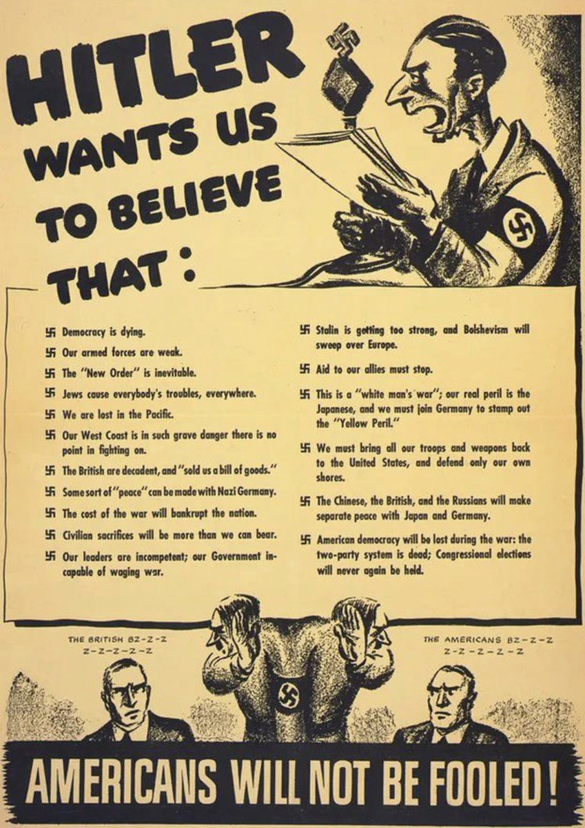 This is a war poster from WWII trying to battle the Nazi propaganda in the US. It is incredibly to see today almost identical narratives pushed by russian propagandists in the US. 1/n
