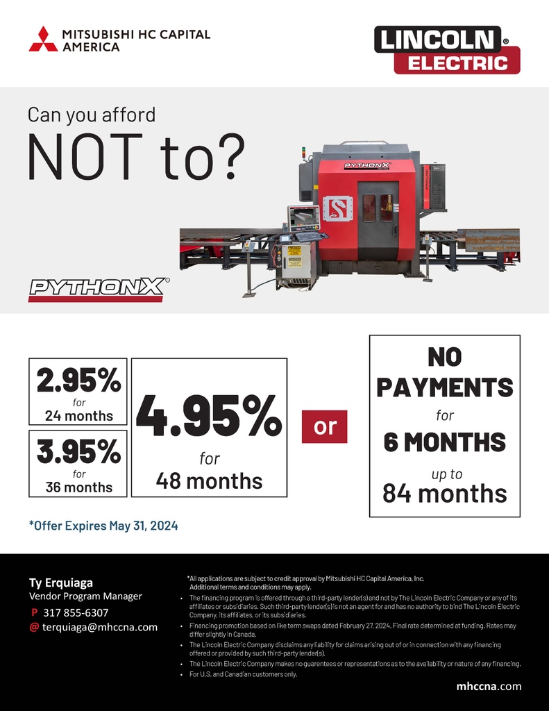 PythonXrobot's tweet image. ⏲️Earn before you spend with no payments for six months on your new PythonX Structural or take advantage of attractive financing options until May 2024. Come see Lincoln Electric Automation at the NASCC Show next week.
.
#PythonX #Automation #lincolnelectric #cutred #FineLine