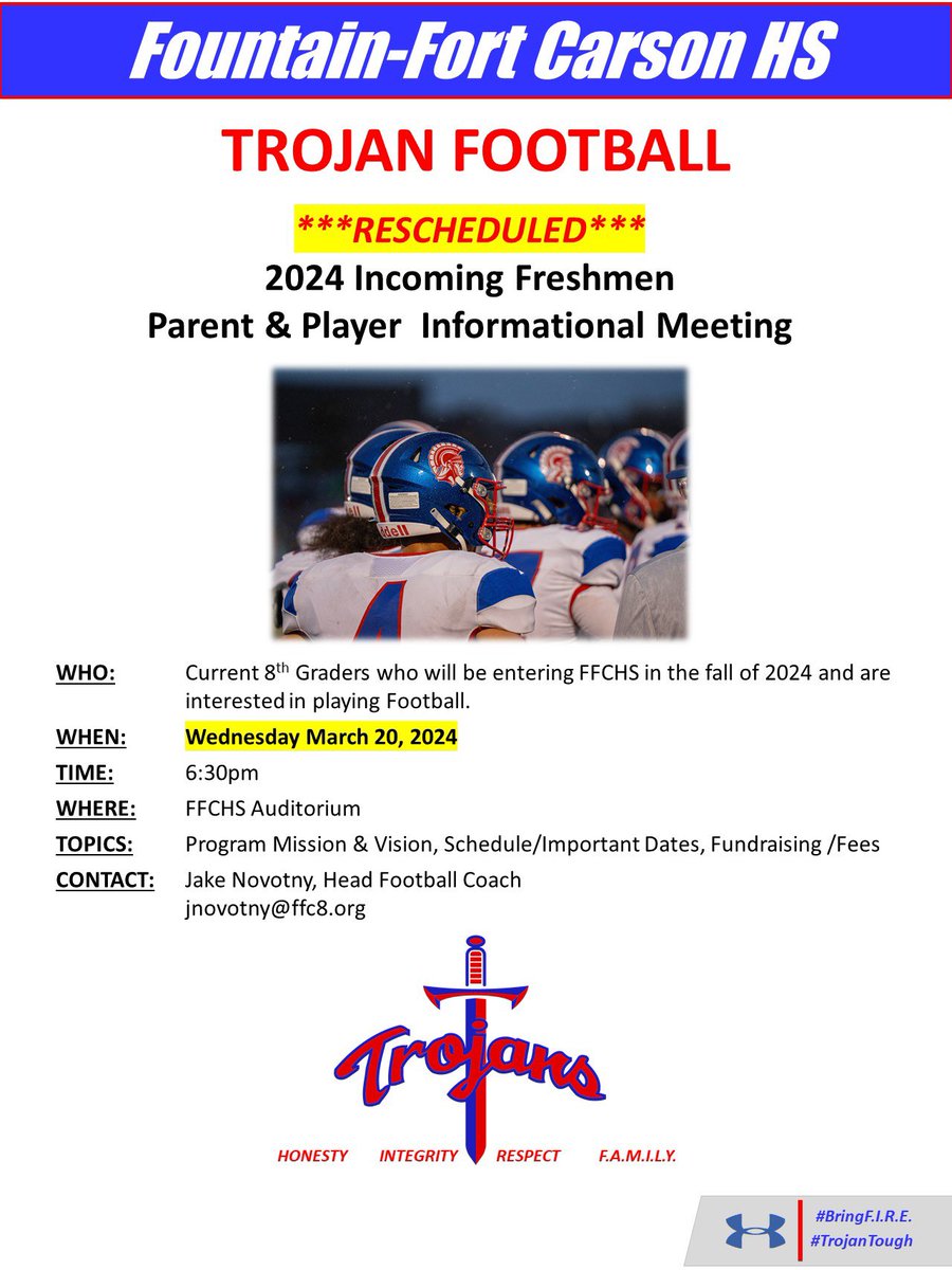 🚨🚨Update🚨🚨 Due to the winter storm & school closure, we will be Rescheduling or Incoming Freshmen Football Parent meeting to next week! See below for details! @FFC8schools @FFCHSAthletics @ffcstrength @Coach_JNovotny