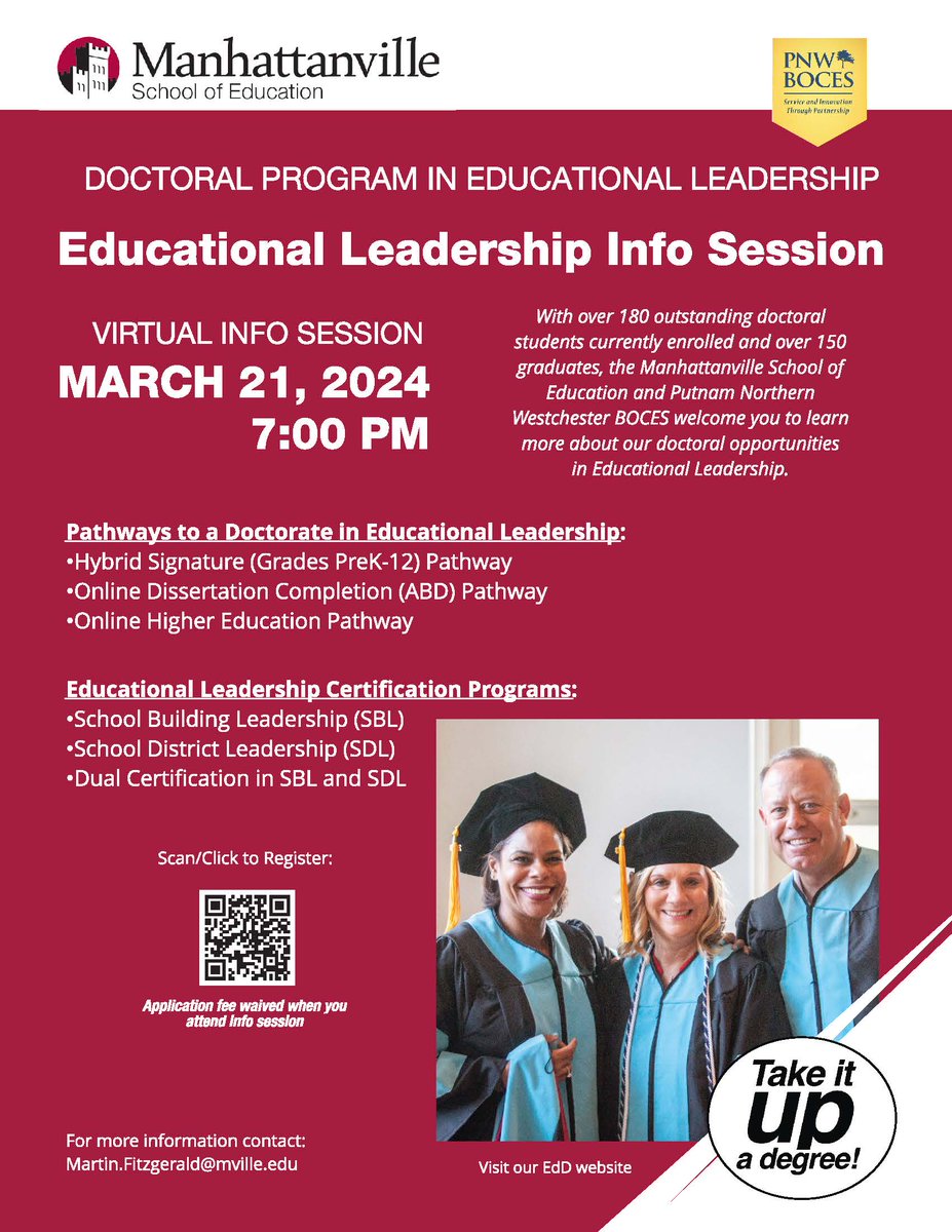 Mville_U's tweet photo. With over 180 outstanding doctoral students currently enrolled, and over 150 graduates, the Manhattanville School of Education and Putnam Northern Westchester BOCES welcome you to learn more about our doctoral opportunities in Educational Leadership. #HigherEducation #education https://t.co/BZJwhc8YJB