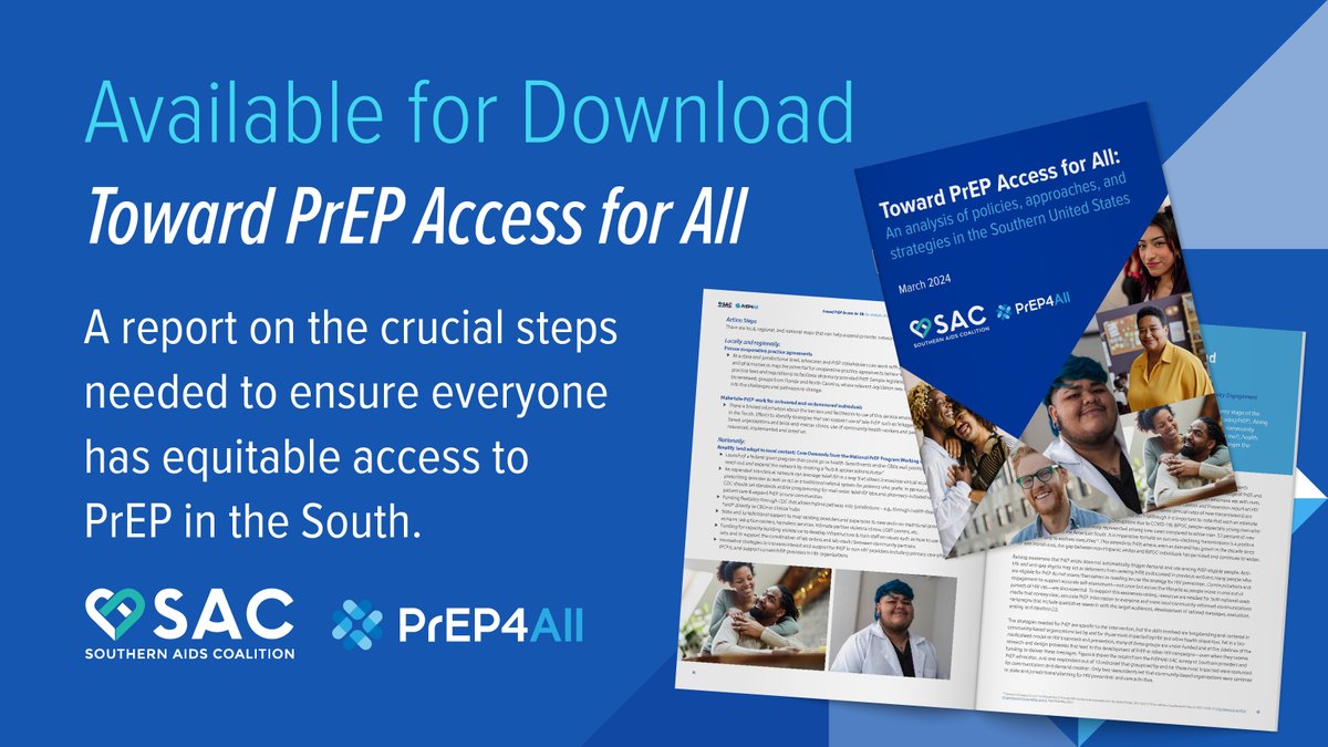 In partnership with @PrEP4AllNow, we’re thrilled to unveil our groundbreaking report, “Toward PrEP Access for All: An analysis of policies, approaches, and strategies in the Southern United States.” Full report: southernaidscoalition.org/press/breaking… Let's secure equitable PrEP access for all!