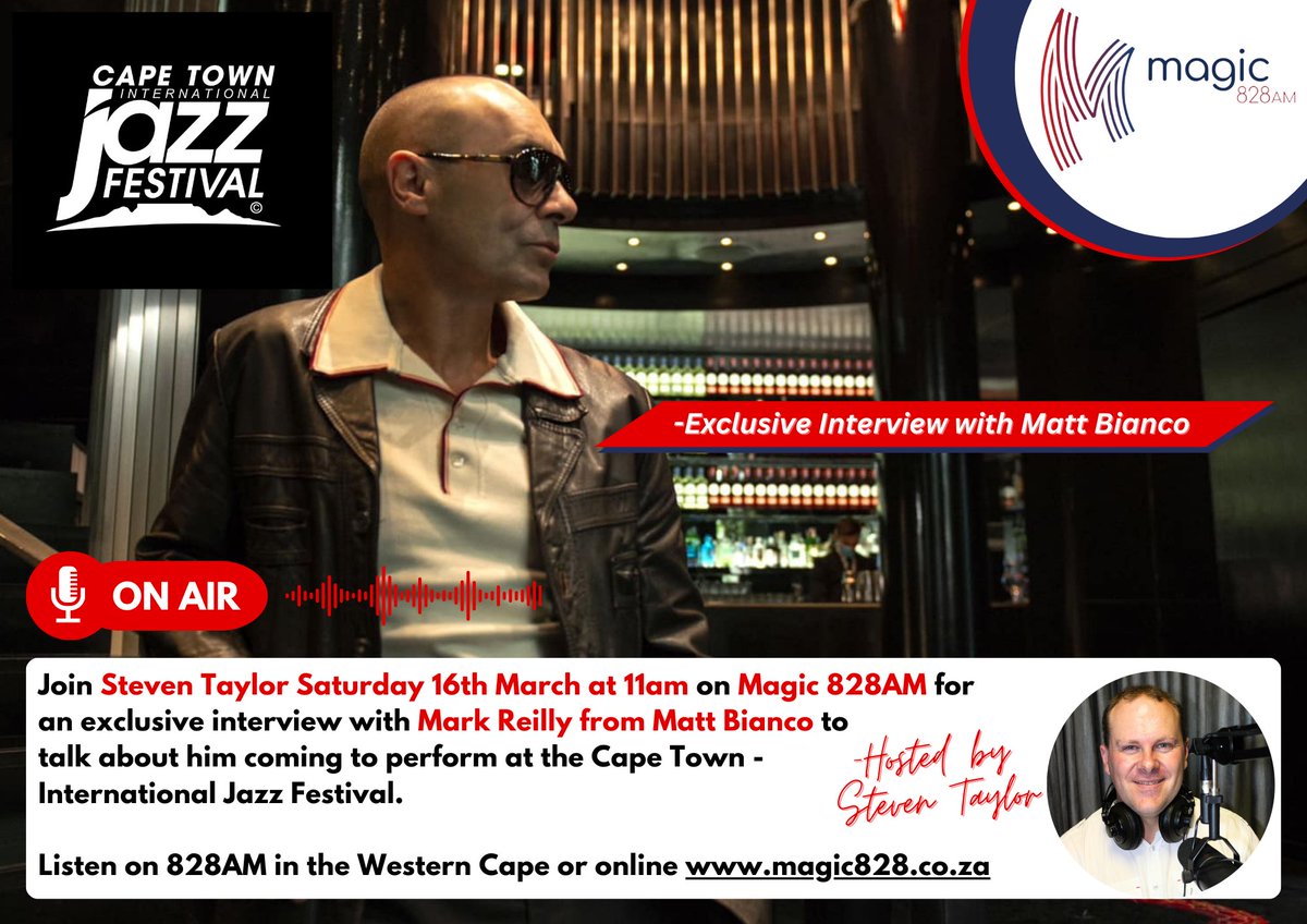 Cape Town International Jazz Festival - Join Steven Taylor on Saturday on Magic 828AM

This year’s festival re-emerges on 3 and 4 May 2024 at the CTICC.

Taylor will have an exclusive interview on Saturday with Mark Reilly from Matt Bianco around the Jazz Festival.