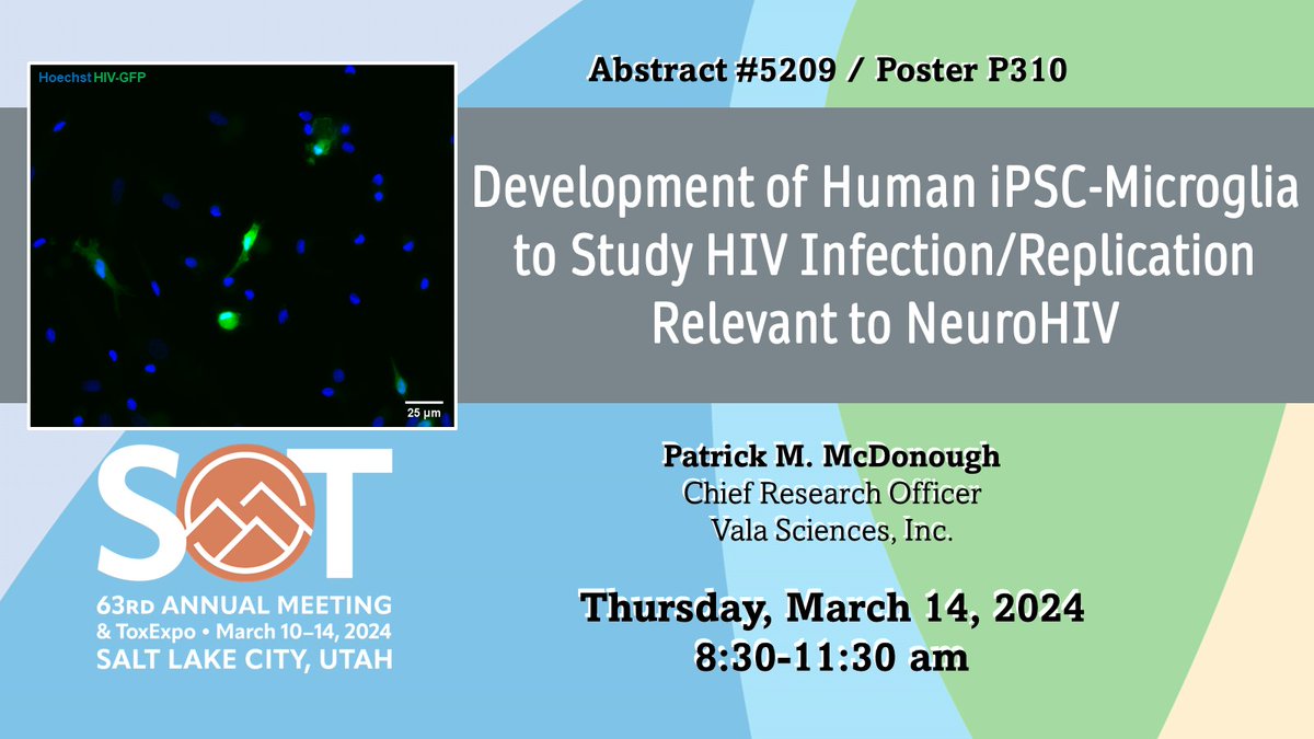 ValaSci's tweet photo. Stop by our poster today, Thursday, March 14 from 8:30-11:30 am at #SOT2024! 

Our Chief Research Officer, Pat McDonough is presenting on how we differentiate and infect iPSC-derived microglia to study HIV replication and HIV-associated neurological symptoms. https://t.co/kwGs7n84oR