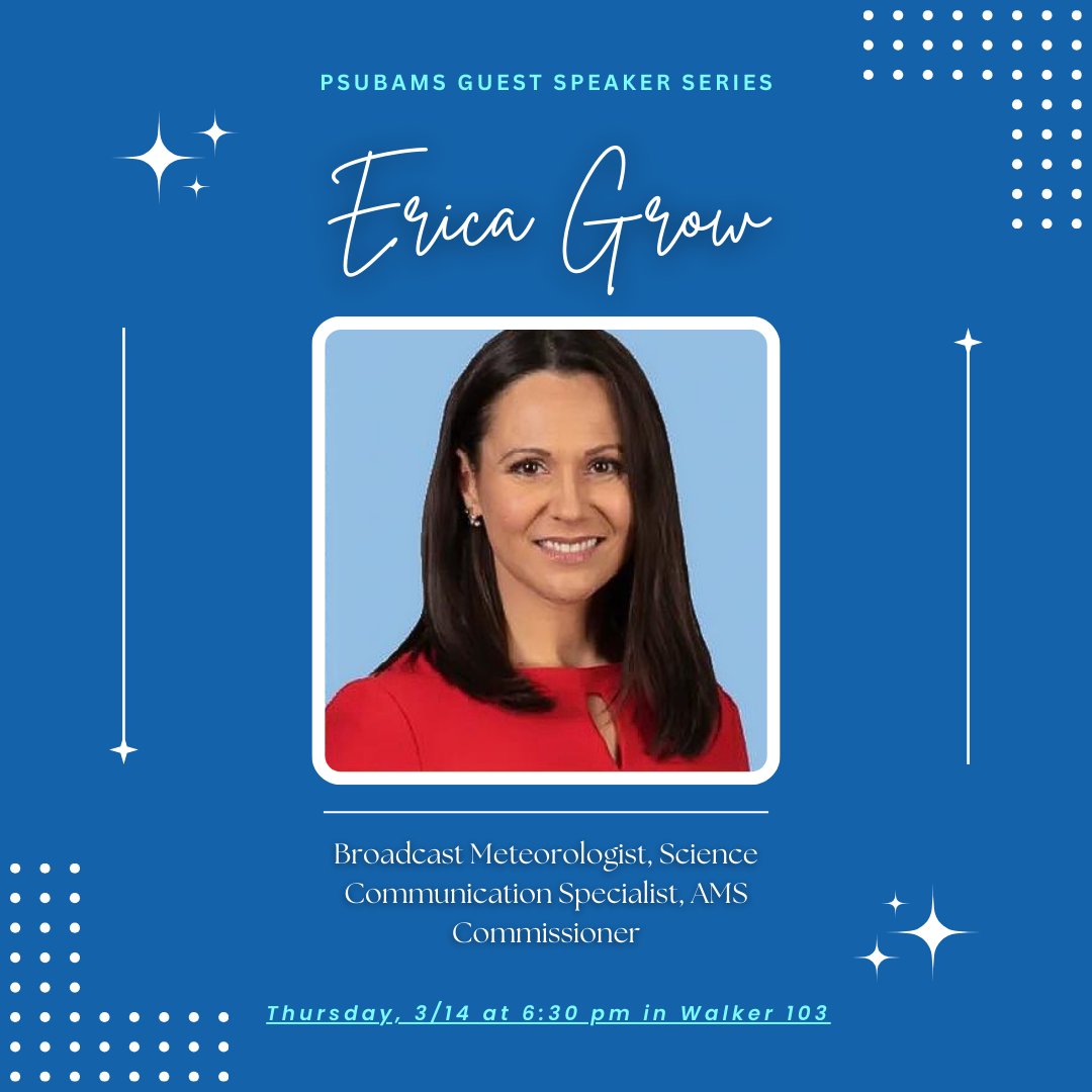 TONIGHT ‼ at 6:30pm, Erica Grow will be joining us for our guest speaker series! Erica has tons of experience in the world of meteorology communications, on and off the screen, so be sure to stop in! See you there!! 👏