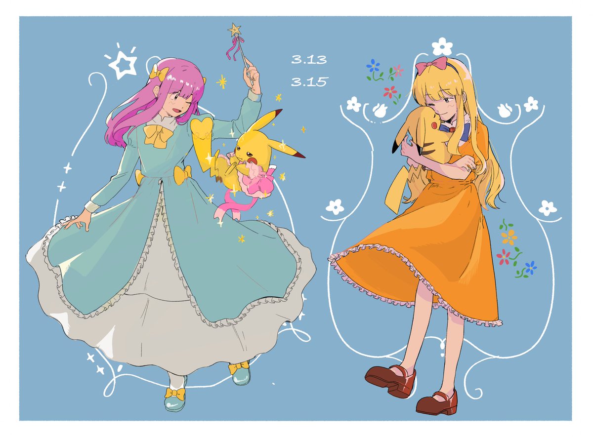 ash ketchum ,pikachu 1girl long hair smile open mouth blonde hair long sleeves 1boy  illustration images