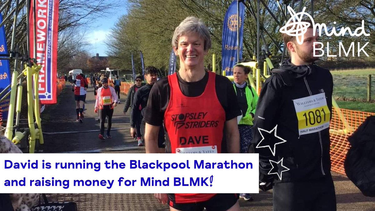👋 𝗠𝗲𝗲𝘁 𝗗𝗮𝘃𝗶𝗱! After a 29 year hiatus, he will be taking part in the Blackpool Marathon to raise vital funds for Mind BLMK. Find out more about David and follow his journey here; justgiving.com/page/dave-thom… 𝗧𝗵𝗮𝗻𝗸 𝘆𝗼𝘂 𝗗𝗮𝘃𝗶𝗱 💙
