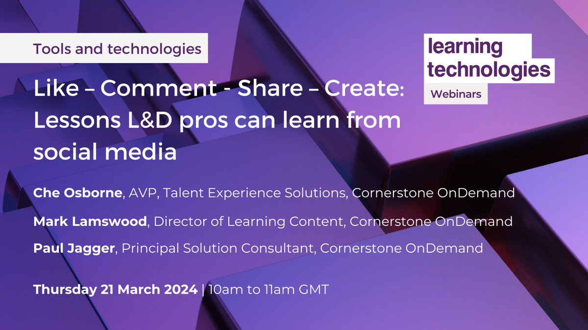 ⏰ Join us next week! #LTWebinars @CornerstoneInc will look at how bringing consumer-based practices into the #LnD eco-system can significantly increase learner engagement, with a focus on what we can learn from social media. Register for free 👉 ow.ly/j3tI50QToMG