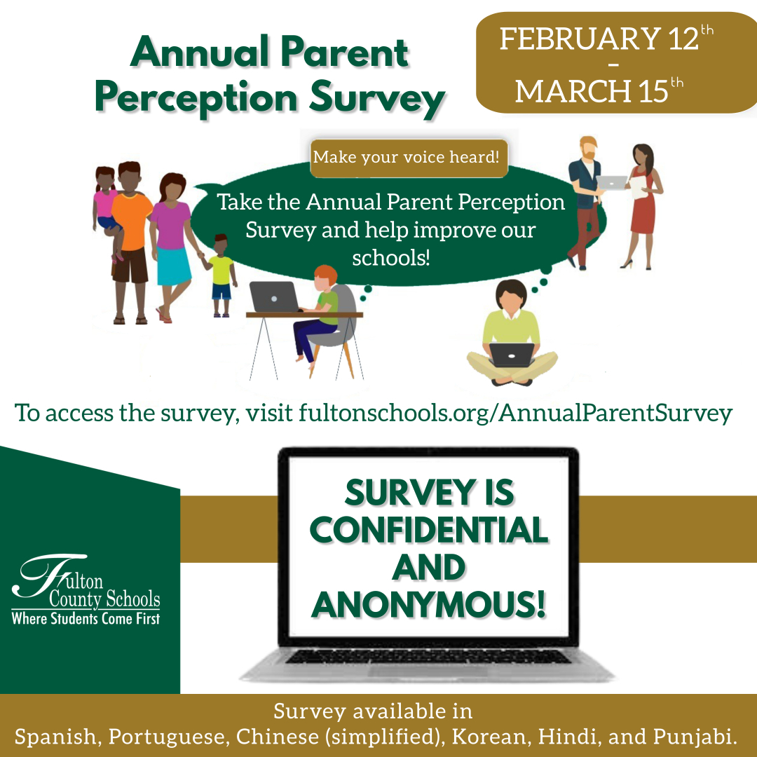The last day to take The 2024 Annual Perception Survey will be tomorrow, March 15, 2024. #FCSBETTERTOGETHER #FCSSurvey TAKE THE SURVEY NOW > fultonschools.org/survey TAKE THE SURVEY NOW > fultonschools.org/survey TAKE THE SURVEY NOW > fultonschools.org/survey