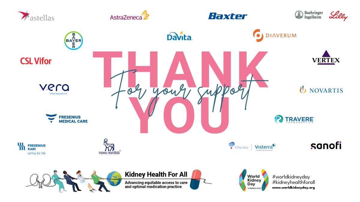 worldkidneyday's tweet photo. Thank you to our official 2024 supporters for their commitment to the #WorldKidneyDay mission to increase awareness around kidney health!  #KidneyHealthForAll https://t.co/oBKKMLWIZe https://t.co/Vo5sg16fGT