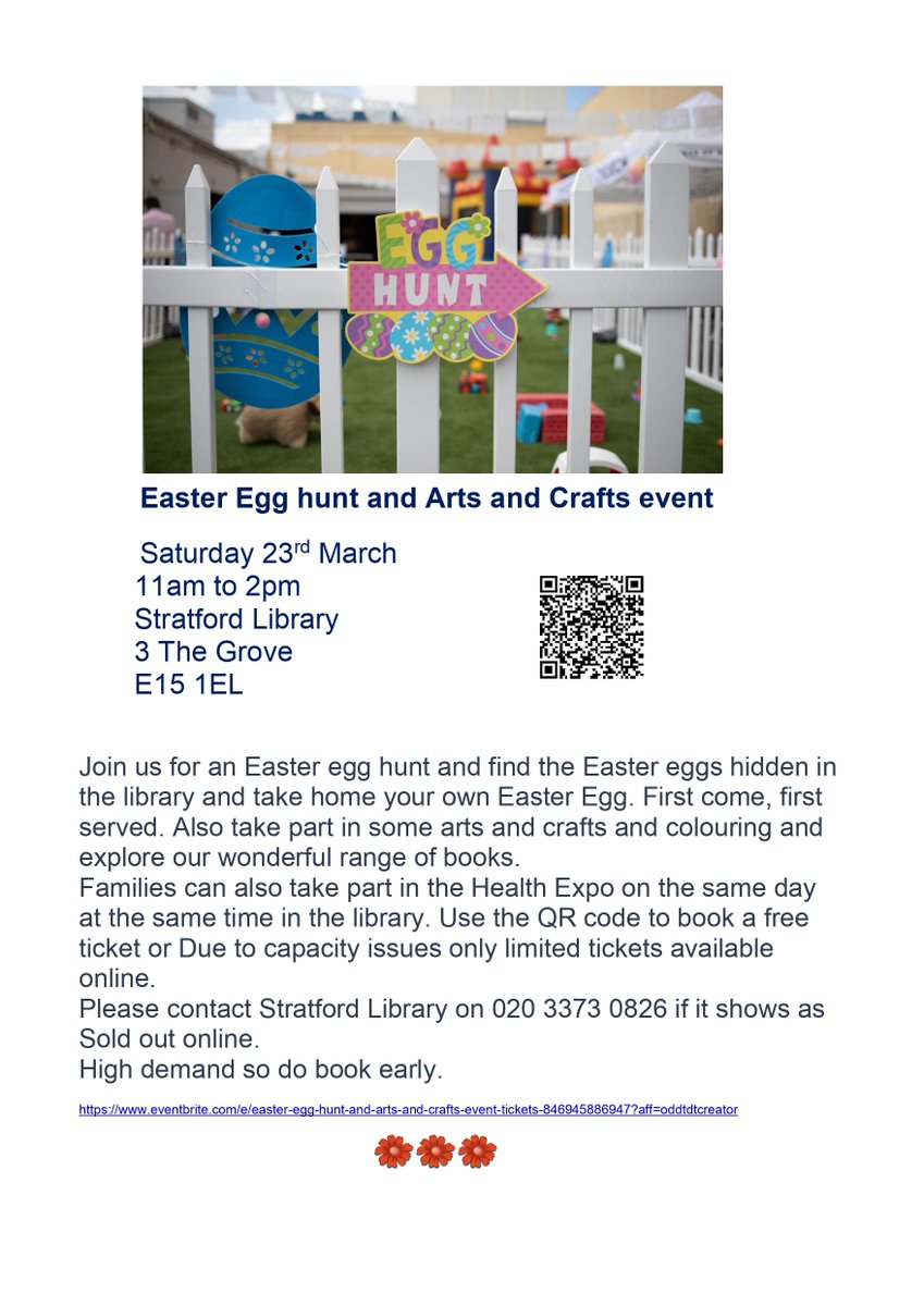 🐣 Join Stratford Library for an Easter Egg Hunt! 📚 Find hidden eggs, take one home! 🥚 First come, first served. Enjoy crafts, coloring, and explore our books! 🎨📖 Scan QR code for tickets. For help, call 020 3378 0826. #EasterFun #StratfordLibrary 🐰🌷