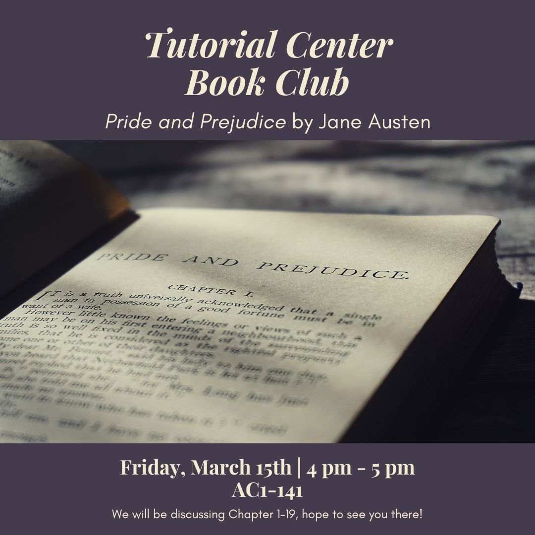 Clovis_TC's tweet image. Join us for Book Club tomorrow on Friday, March 15th at 4:00 pm in AC1-141! We are continuing Pride and Prejudice up through chapter 19 this week. We would love to have you and can&apos;t wait to see you there. 📖 

#bookclub #tutorialcenter #cloviscommunitycollege