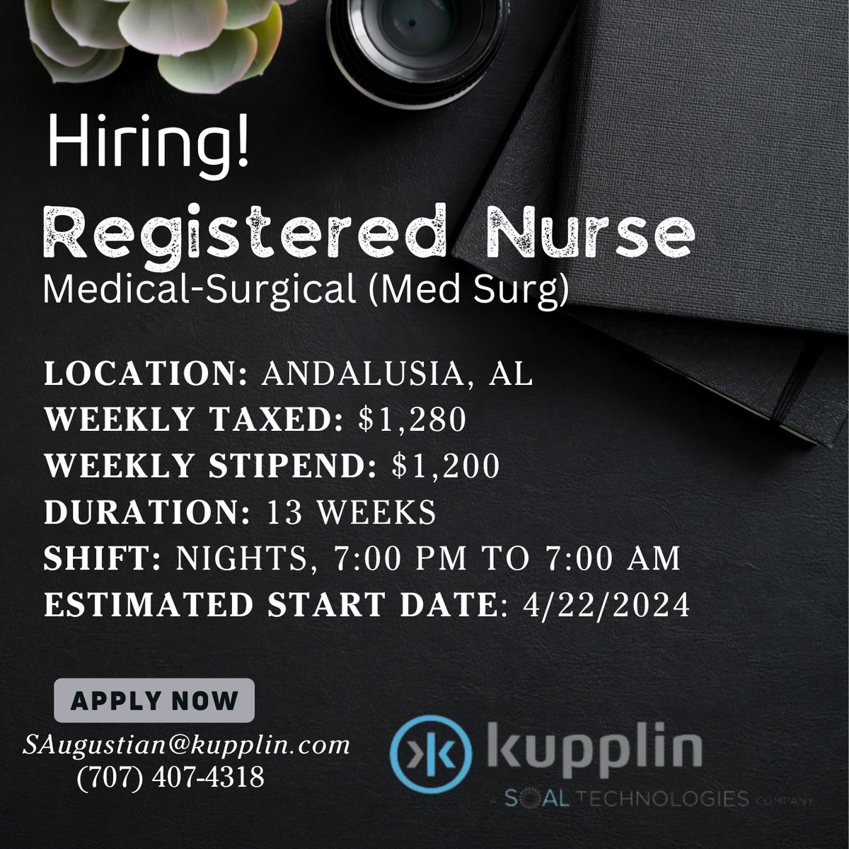 Seeking dedicated RNs for Night Shift Med Surg role! Join our esteemed team in Andalusia, AL.
 13-week contract.

Apply today 
SAugustian@kupplin.com
(707) 407-4318
#RNJobs #MedSurg #NightShift #HealthcareCareer
