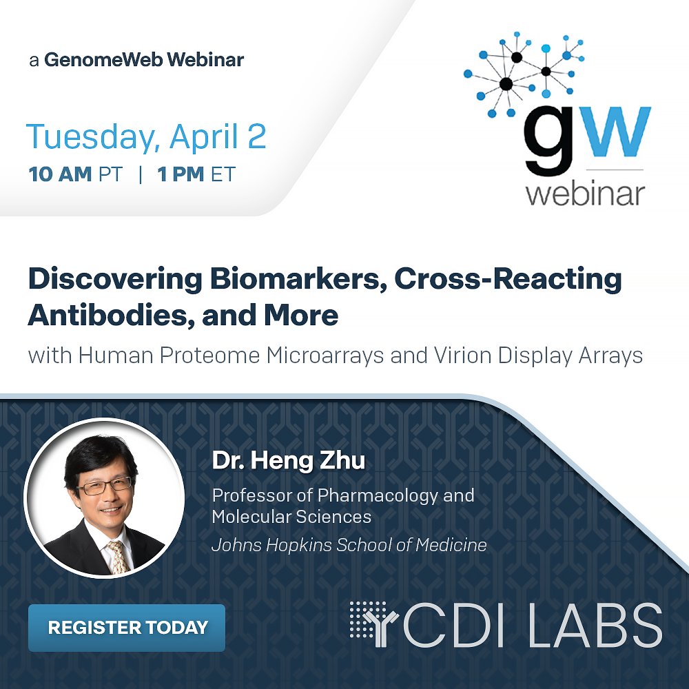 cdi_labs's tweet image. Apr 2 @ 1 PM ET, Dr. Heng Zhu will examine how human #proteome #microarrays have enabled the study of proteome-wide molecular interactions, identification of novel drug targets, & serological #biomarker identification for #autoimmunediseases & #cancers .
bit.ly/3VccNTd