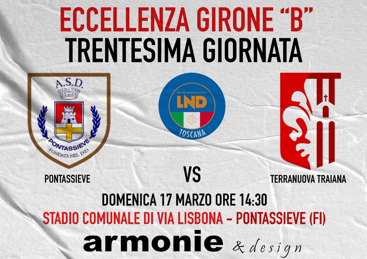 🔜 | 𝐍𝐄𝐗𝐓 𝐌𝐀𝐓𝐂𝐇🔥⚪🔴
🇮🇹 | Eccellenza Toscana
🗓️ | domenica 1️⃣7️⃣  marzo
⏰️ | ore 1️⃣4️⃣:3️⃣0️⃣
🆚 | ASD Pontassieve Calcio 
🏟 | stadio comunale 
📌 | Pontassieve
🏡 | via Lisbona

#TerranuovaTraiana #biancorossi #Terranuova #Pontassieve #CalcioDilettanti #Figc 
#Toscana