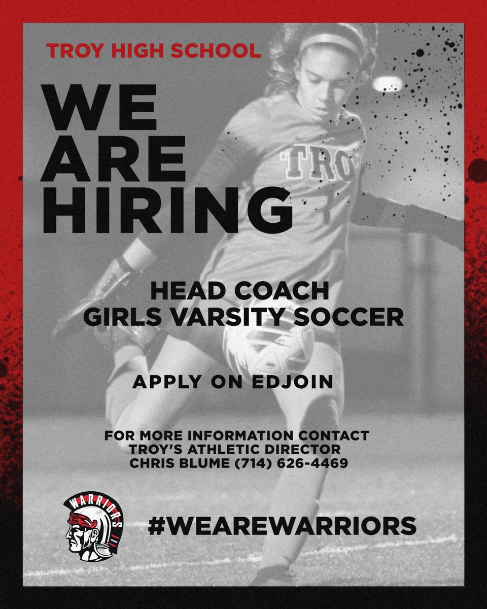 Troy Athletics (@troyhsathletics) on Twitter photo The Troy Girls Varsity Soccer team is looking for a new head coach. If you are interested please apply on EDJOIN. For more information contact Chris Blume. Cblume<a href="/fjuhsd/">Fullerton Joint Union High School District</a>.org @fjuhsd <a href="/CIFSS/">CIF Southern Section</a> <a href="/ocvarsityguy/">Dan Albano</a> <a href="/SteveFryer/">Steve Fryer</a> <a href="/latsondheimer/">eric sondheimer</a> <a href="/ocregister/">O.C. Register</a> <a href="/OCSportsZone/">OC Sports Zone</a> <a href="/TroyHSWarriors/">TroyHSWarriors</a> The Troy Girls Varsity Soccer team is looking for a new head coach. If you are interested please apply on EDJOIN. For more information contact Chris Blume. Cblume<a href="/fjuhsd/">Fullerton Joint Union High School District</a>.org @fjuhsd <a href="/CIFSS/">CIF Southern Section</a> <a href="/ocvarsityguy/">Dan Albano</a> <a href="/SteveFryer/">Steve Fryer</a> <a href="/latsondheimer/">eric sondheimer</a> <a href="/ocregister/">O.C. Register</a> <a href="/OCSportsZone/">OC Sports Zone</a> <a href="/TroyHSWarriors/">TroyHSWarriors</a>