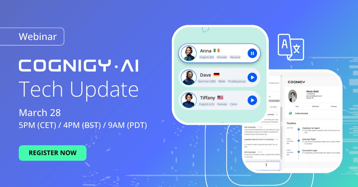 Looking for insider tips and best practices to elevate your AI Agents? Join our Q1 Tech Update Webinar! 🚀 🗓️ Date: Thursday, March 28, 2024 🕐 Time: 5:00 PM CET | 4:00 PM BST | 9:00 AM PDT Save your spot: hubs.la/Q02prT-D0 #CognigyAI #TechUpdate #AI #GenAI