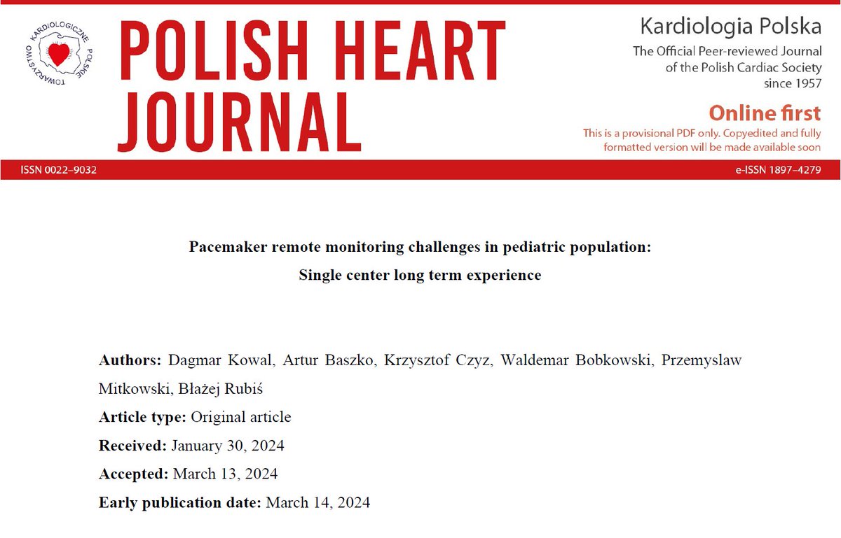 Editors' Insights: #Pacemaker remote #monitoring challenges in #pediatric population: Single center long-term experience. tiny.pl/dgwwn #PolishHeartJournal #CardioTwitter #HeartNews #Cardiology #CardioEd @WBobkowski @PUMS_tweets