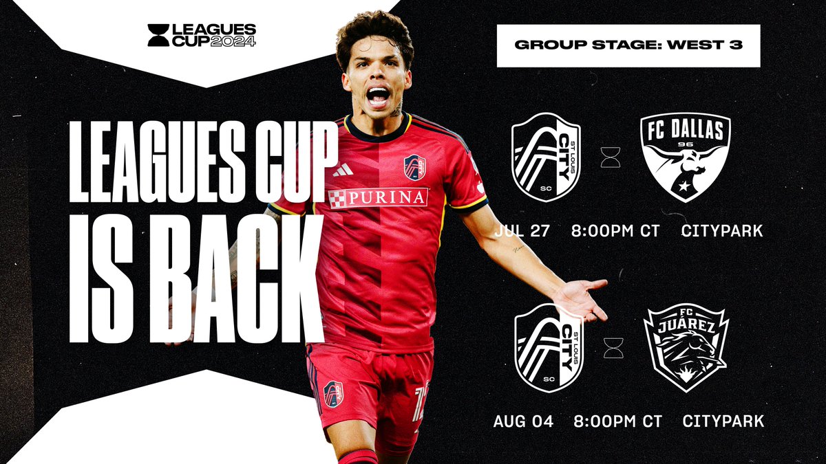 stlCITYsc's tweet photo. Our #LeaguesCup2024 group schedule is set π
7/27 vs @FCDallas
8/04 vs @fcjuarezoficial
#AllForCITY x @LeaguesCup https://t.co/Xp0drQHk73