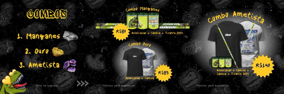 AGeorassica's tweet photo. E tudo que tá bom sempre pode melhorar 😜
Para ficar melhor, estamos lançando combos para nossos Dinos andarem equipados pelo campus da Unifap 👕🍺💛
.
Temos o combo Manganês, combo Ouro e combo Ametista. É só entrar no link abaixo e escolher o melhor para você 🫵🏻 https://t.co/3YVqk5emMA