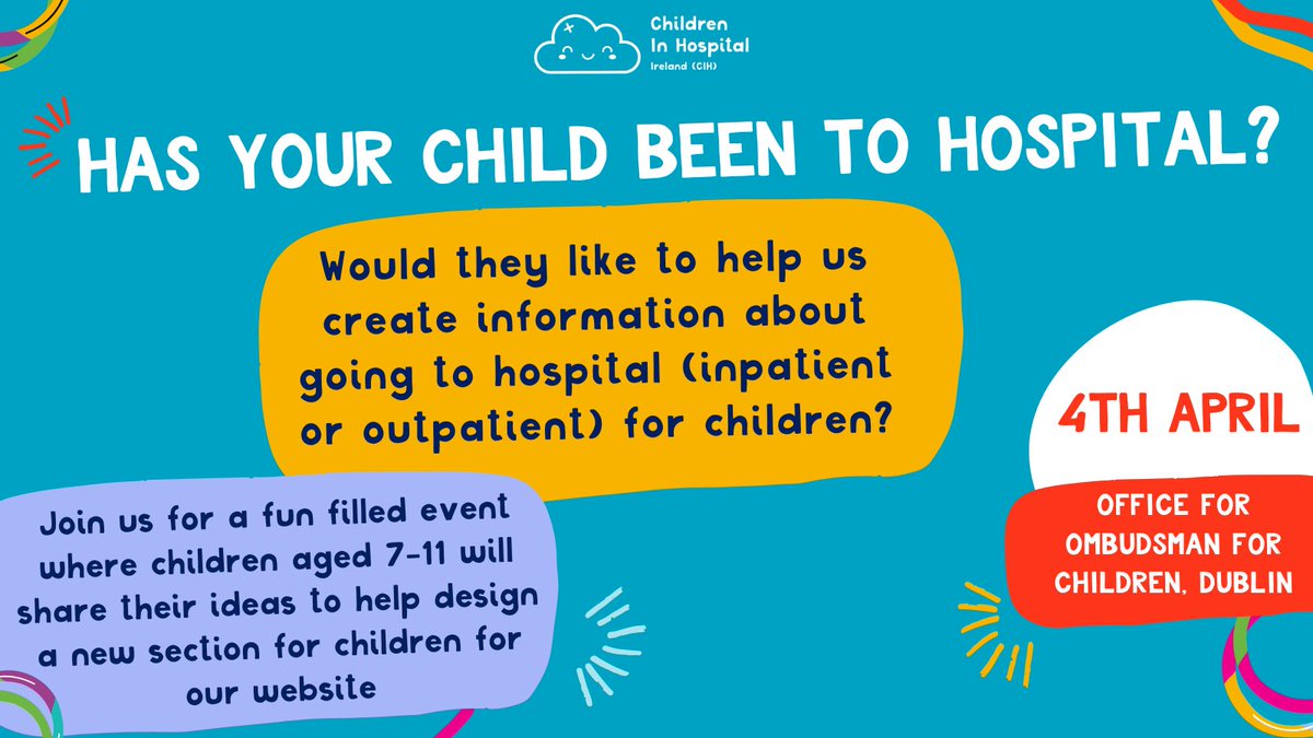 Has your child been to hospital? Would they like to help us create information about going to hospital to help other children? Register below or for more information, please contact Helen@childreninhospital.ie or call 087 9909281. Register Now - eventbrite.ie/e/childrens-co…