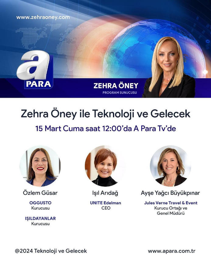 Yarın 12:00’da <a href="/apara/">apara</a> ‘da buluşuyoruz!
15 Mart 2024 12.00da #APara TV'de #ZehraÖney ile Teknoloji ve Gelecek programında OGGUSTO ve IŞILDAYANLAR Kurucusu #ÖzlemGüsar #JulesVerneBusinessMiceTravel Genel Müdürü #AyşeYağcıBüyükpınar, UNITE Edelman CEO’su #IşılArıdağ ile beraberiz.