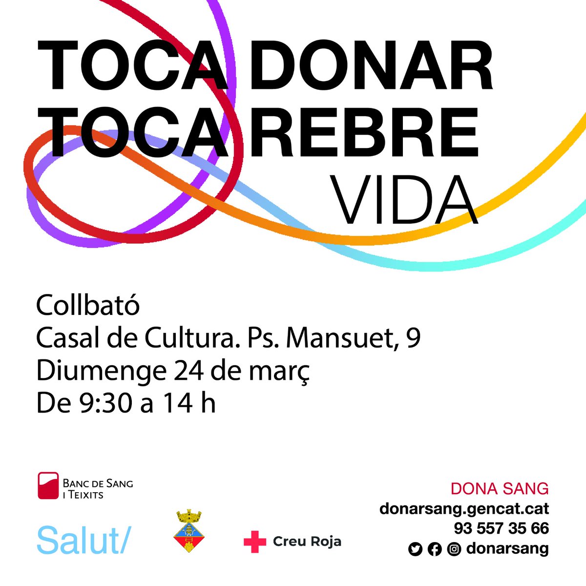El diumenge 24 de març hi ha donació de sang al Casal de Cultura de Collbató. Nosaltres hi serem, t'hi esperem!