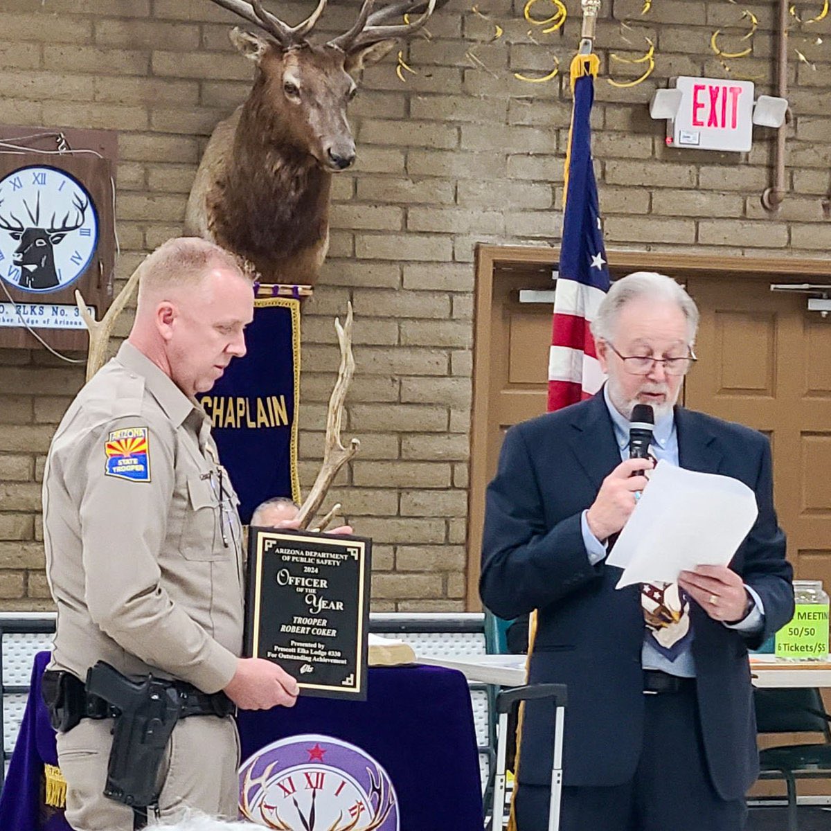 👏Congratulations to Trooper Robert Coker, who was recognized as “Trooper of the Year” by Prescott Valley Elks Lodge on March 5! He was selected because of his dedication to public safety, particularly his efforts in detecting & removing impaired drivers from Arizona's roadways.