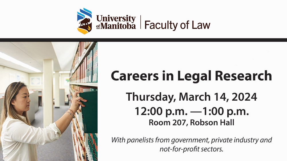 Today at 12:00 p.m. join the @UMLawCDO in room 207 for an info session on Careers in Legal Research! Explore your options for career paths using your law degree.